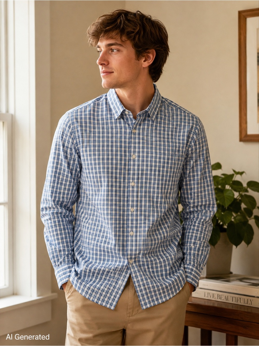 J.Crew Performance Slim Fit Blue White Plaid Button Up Shirt Men’s L